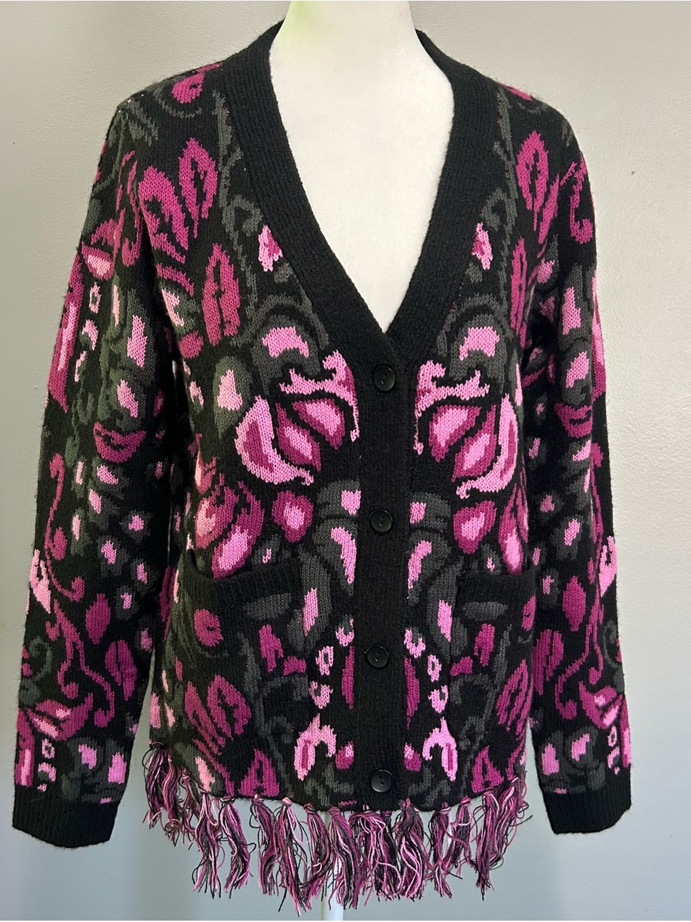 Attitudes by Renee Women's Black & Pink Floral Fringe Cardigan Sweater